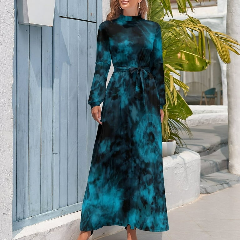 Blue And Black Tie Dye Dress Abstract Art Kawaii Pattern Maxi Dress High  Waist Long-Sleeve Casual Beach Long Dresses - Walmart.com