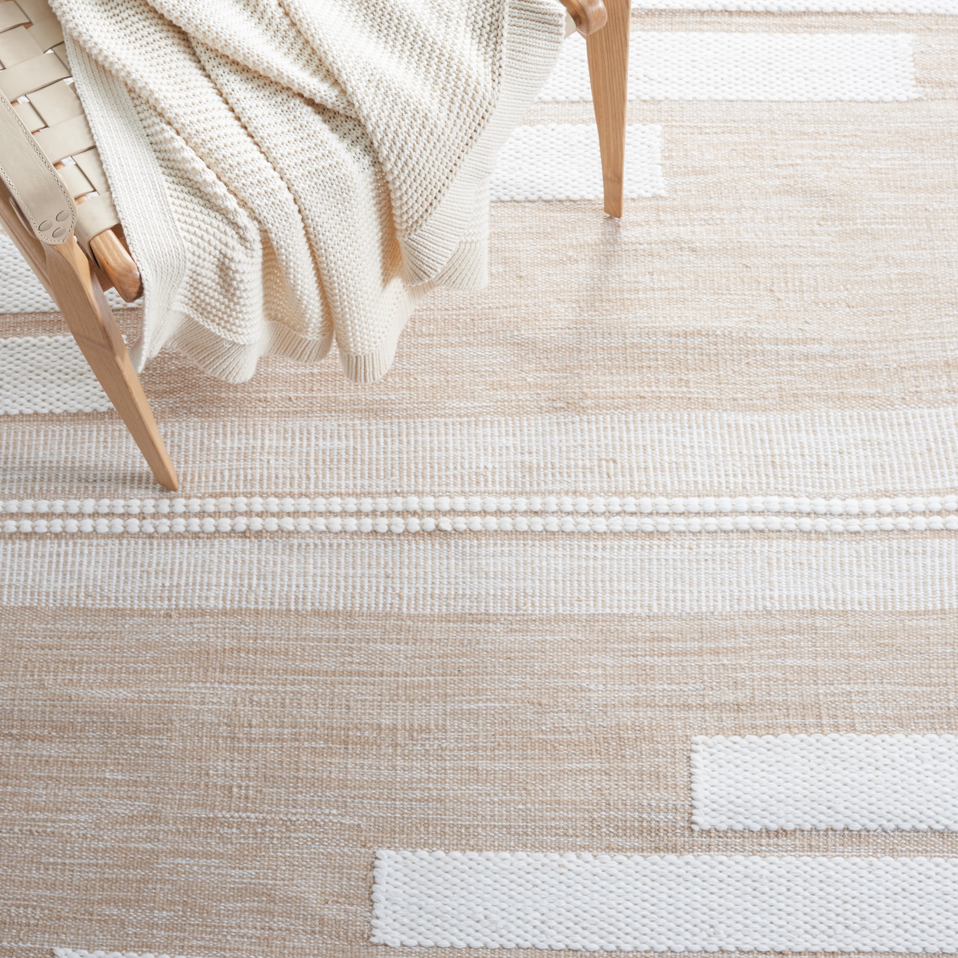 SAFAVIEH Kilim Adam Striped Polyester Area Rug, Ivory/Tan, 6' x 6' Square