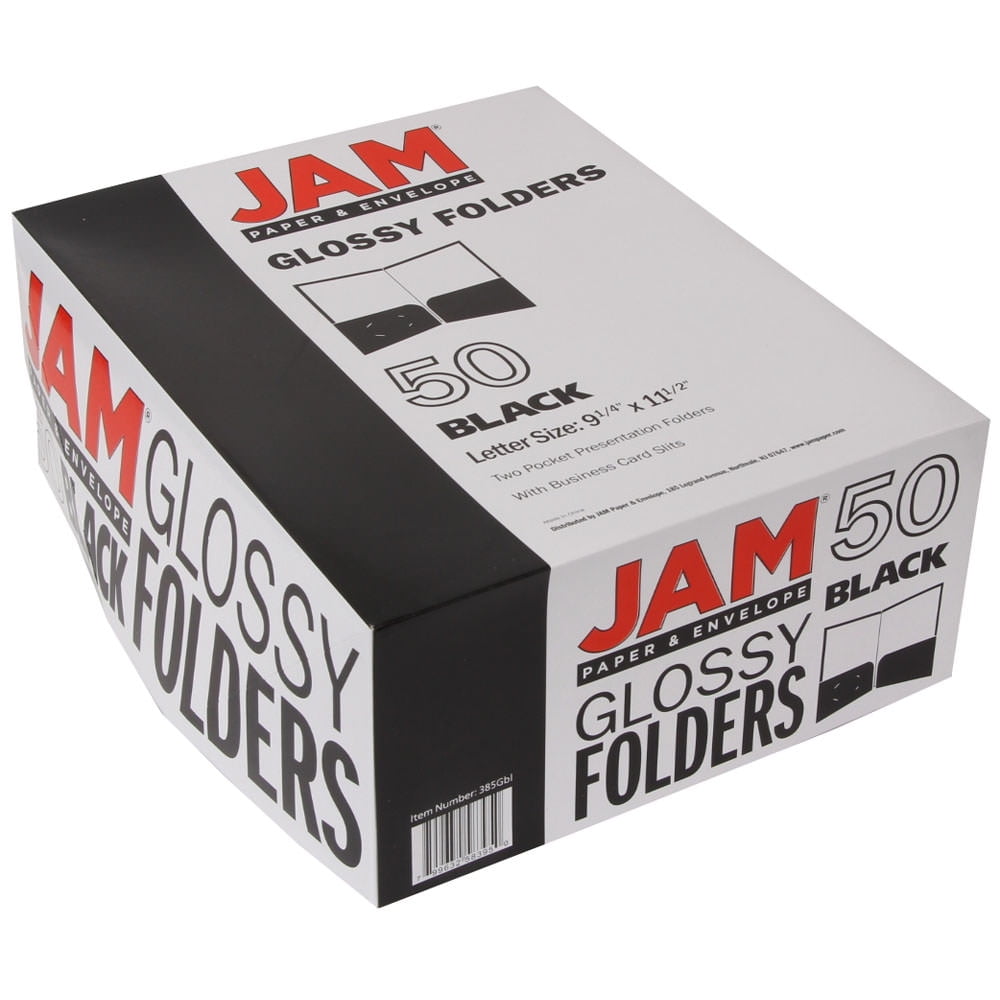 JAM Laminated Two Pocket Glossy Folders, Black, Bulk 50/Box