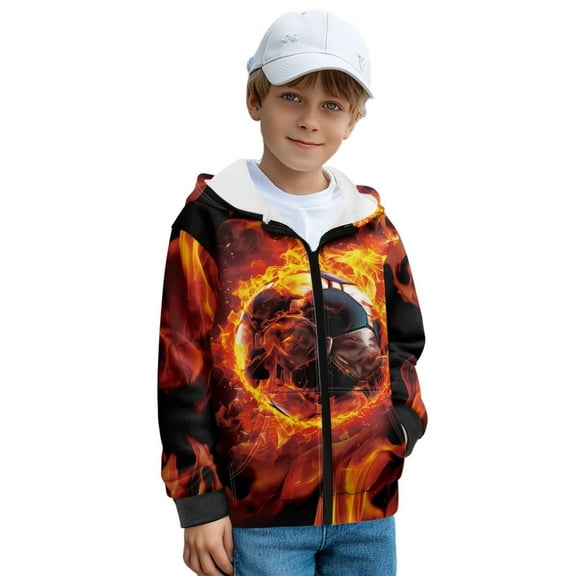 KUIFORTI Fire Football Boys Sweatshirt Hoodie 6-7 Years Thick Polyester Boys Zip Up Hoodie Sweatshirt Fleece-Lined Fall Fashion Outfits Winter Clothes for Outdoor Activity