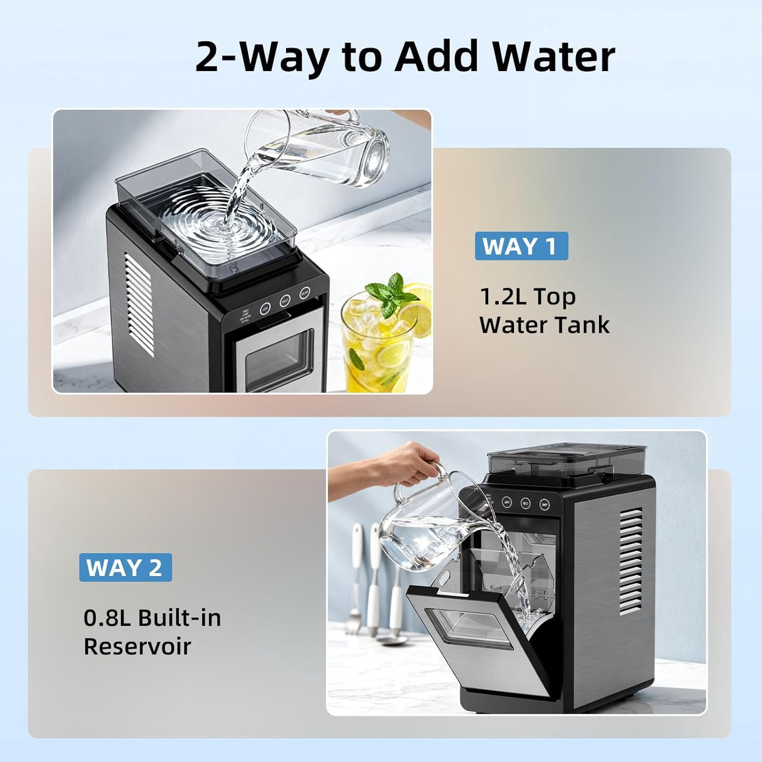 Havato Countertop Ice Makers ,  8 Cubes in 6 Mins, 26 lbs/24H,Portable Ice Machine with External 1.2L Large Water Tank, Self-Cleaning Quiet Compact,Steel