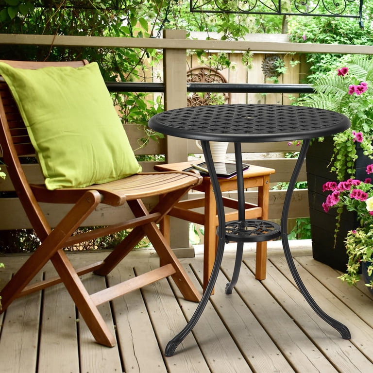 bronze brown small patio table with umbrella hole 2 Weight Bags Outdoor Umbrella Side Table with Umbrella Wicker End Table for Outside Storage Coffee Table with Poly Lumber Top for Pool Garden In the middle of the tabletop Balencia Bronze Umbrella Table with