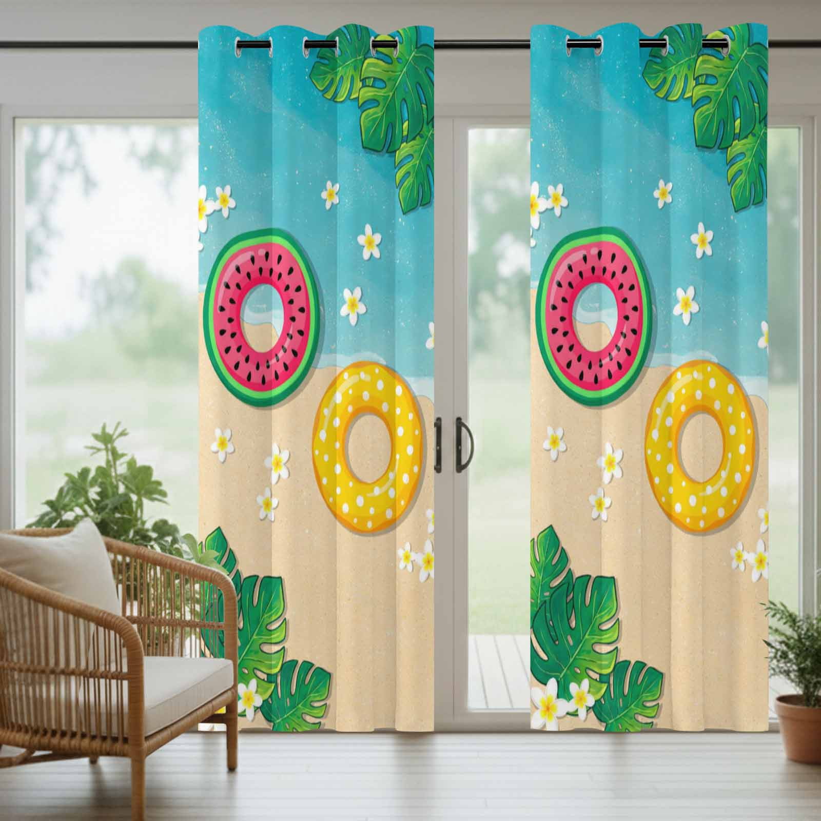 Summer Floral Outdoor Curtains for Patio, Tropical Leaves Watermelon Swimming Rings Beach Sunshade Privacy Drapes Grommet Waterproof Outside Curtains for Porch/Cabana/Balcony 54"x 108", 1 Panel