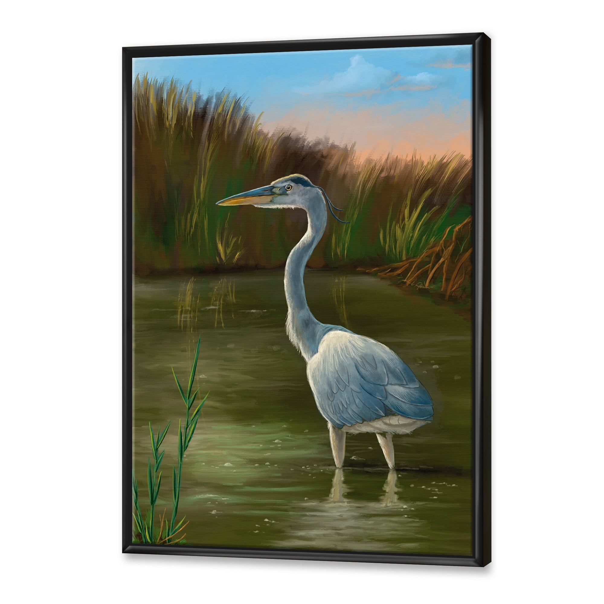Blue Heron Wetland Bird on The Lake Shore 30 in x 40 in Framed Painting Canvas Art Print, by Designart