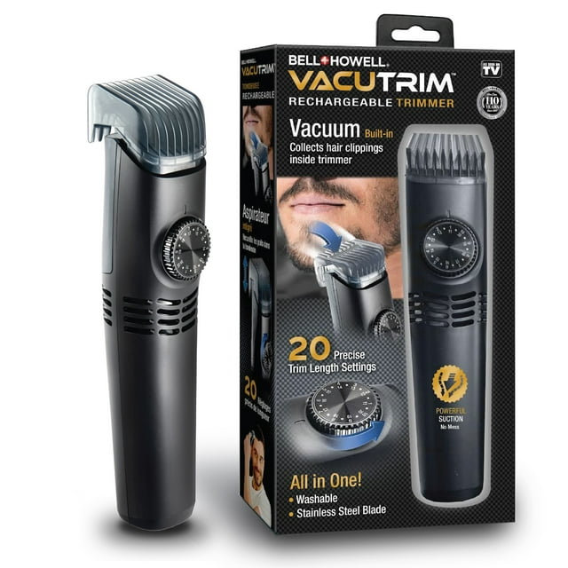 Tondeuse à Barbe Sans Fil Vacutrim pour Hommes, Rasoir Électrique Rechargeable avec Cadran de Calibration à 20 Réglages de Coupe et Aspirateur Intégré pour Moustache, Favoris. Poils du Visage, Noir, 7,5 Pouces, Vu à la Télé