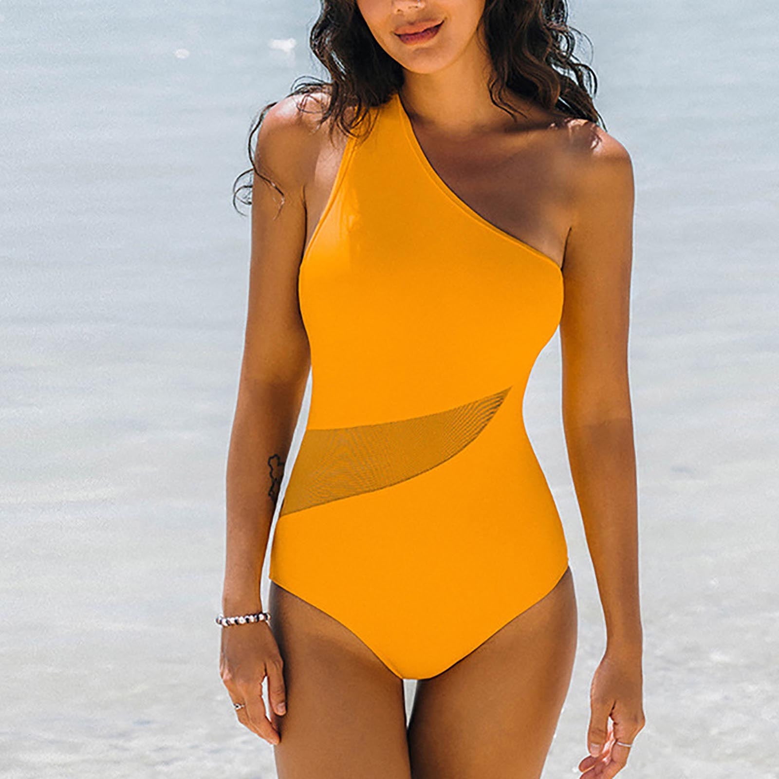 Uorcsa Hot Spring One Shoulder Solid Cut Out Mesh Panel Slimming One Piece Swimsuit One Piece