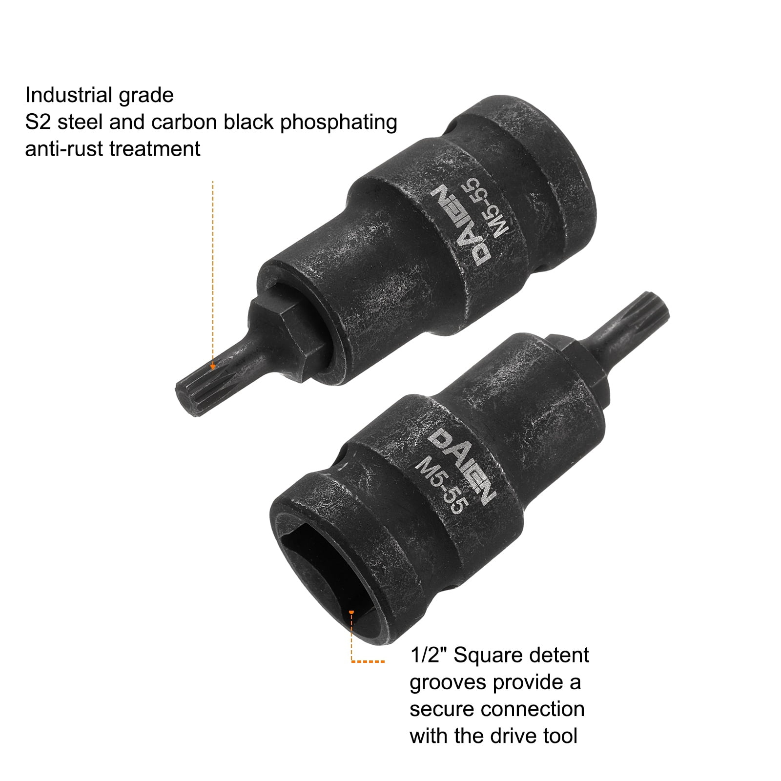 Uxcell 5pcs M5 Triple Square Bit Socket 55mm/2.17" Length 1/2" Square Drive 12 Point Spline Extension Impact Bit Power Nut Driver Set S2 Steel Socket Ratchet Wrench Bits, Black