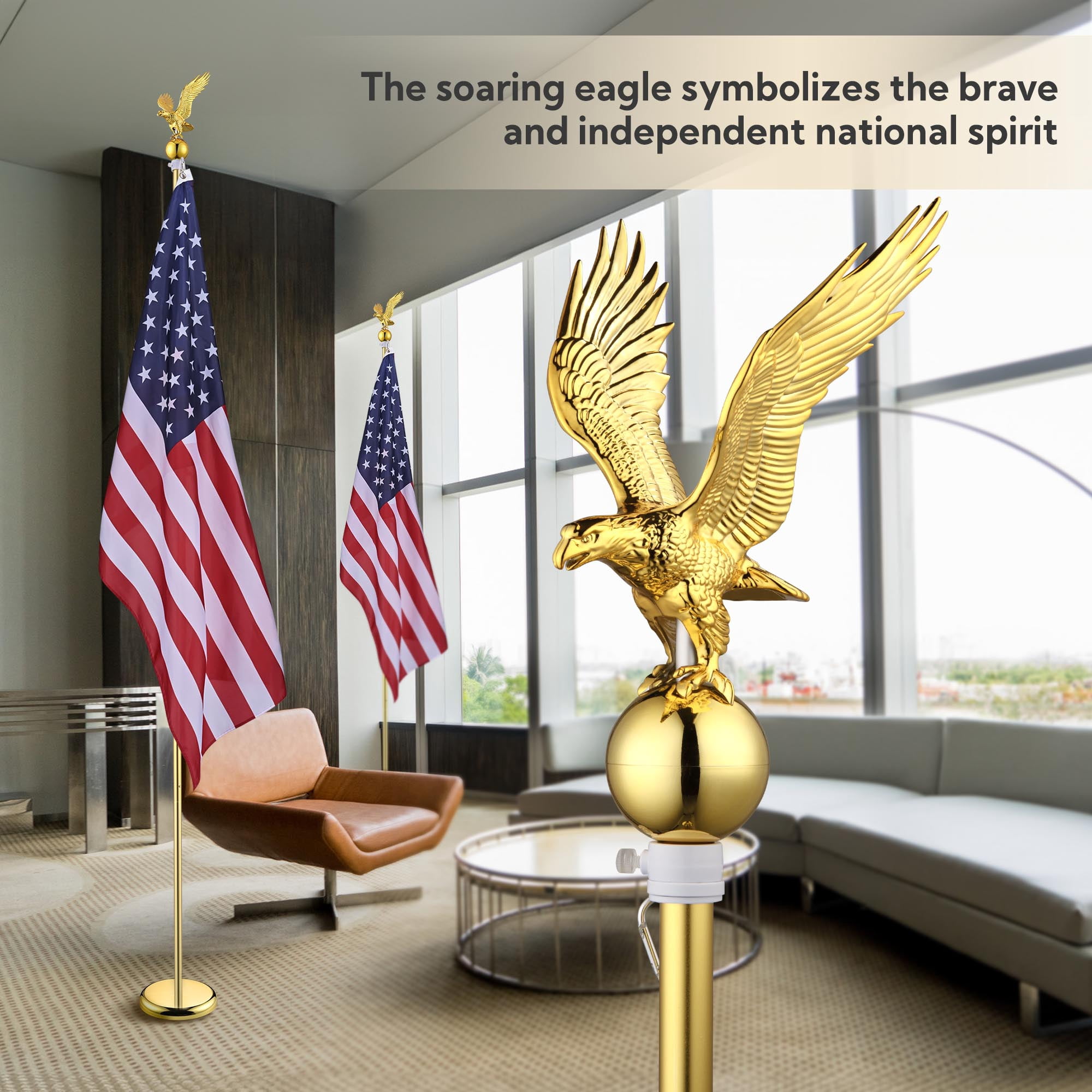 Yescom 8Ft Indoor Flag Pole Kit Eagle Topper Aluminum Gold Pole with Base 3x5Ft US Flag for Office School City Hall 2Pcs