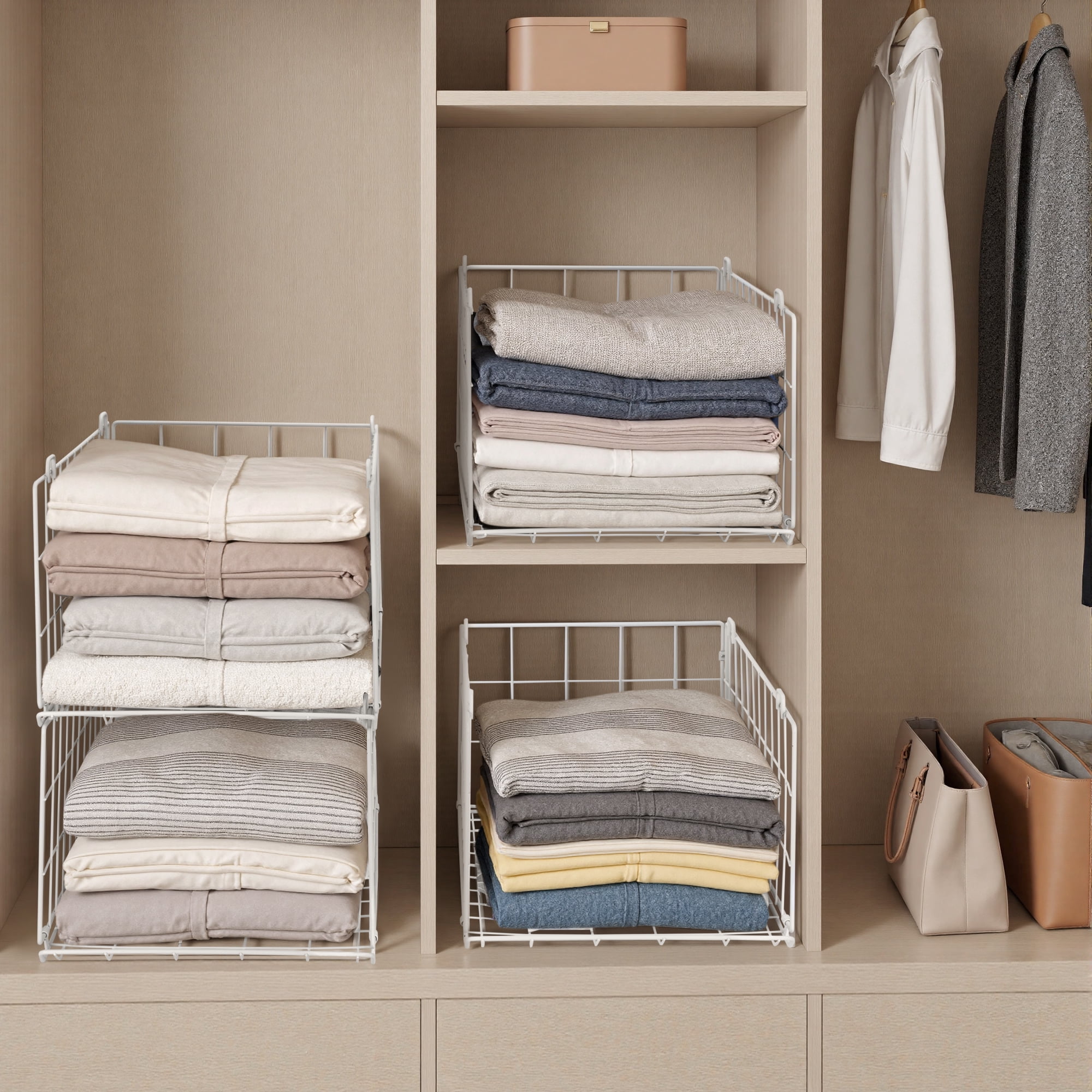 Lonian 4-Tier Stackable Closet Organizer, Foldable Metal Wire Storage Basket, White