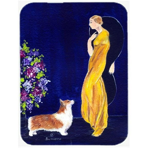 Caroline's Treasures Lady with her Corgi Glass Cutting Board Large