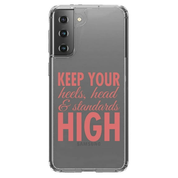 DistinctInk Clear Shockproof Hybrid Case for Galaxy S21 5G (6.2" Screen) - TPU Bumper Acrylic Back Tempered Glass Screen Protector - Keep Your Heels Head & Standards high