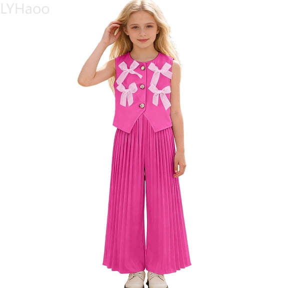 LYHaoo Stylish Girls Vest With Wide Leg Pleated Pants Fashionable Two Piece Outfit For Toddler And Kid Girls Outfit Sets Sizes 2-3 Years(Pink)