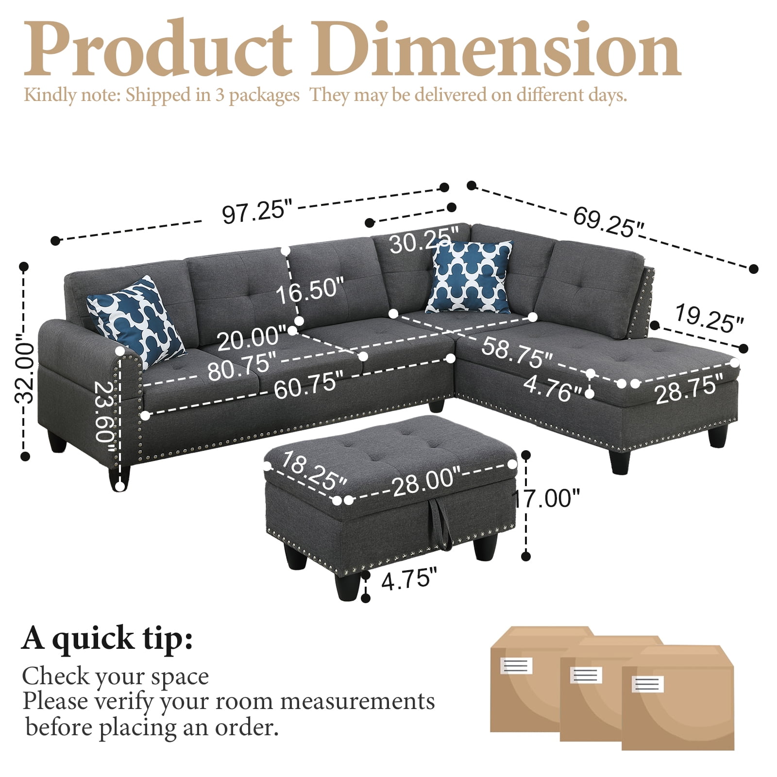 Dreamzie Flippable Backrest Sectional Sofa Set, L-Shaped Linen Modular Sectional Couches for Living Room, Apartment, Storage Ottoman,Dark Gray