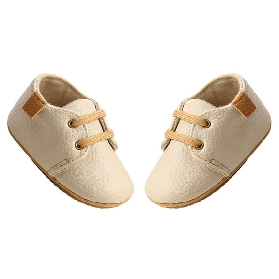 Quealent Baby Boys Girls Lace Up Leather Sneakers Soft Rubber Sole Oxford Loafers Anti-Slip Toddler Wedding Uniform Dress Shoes Beige,5