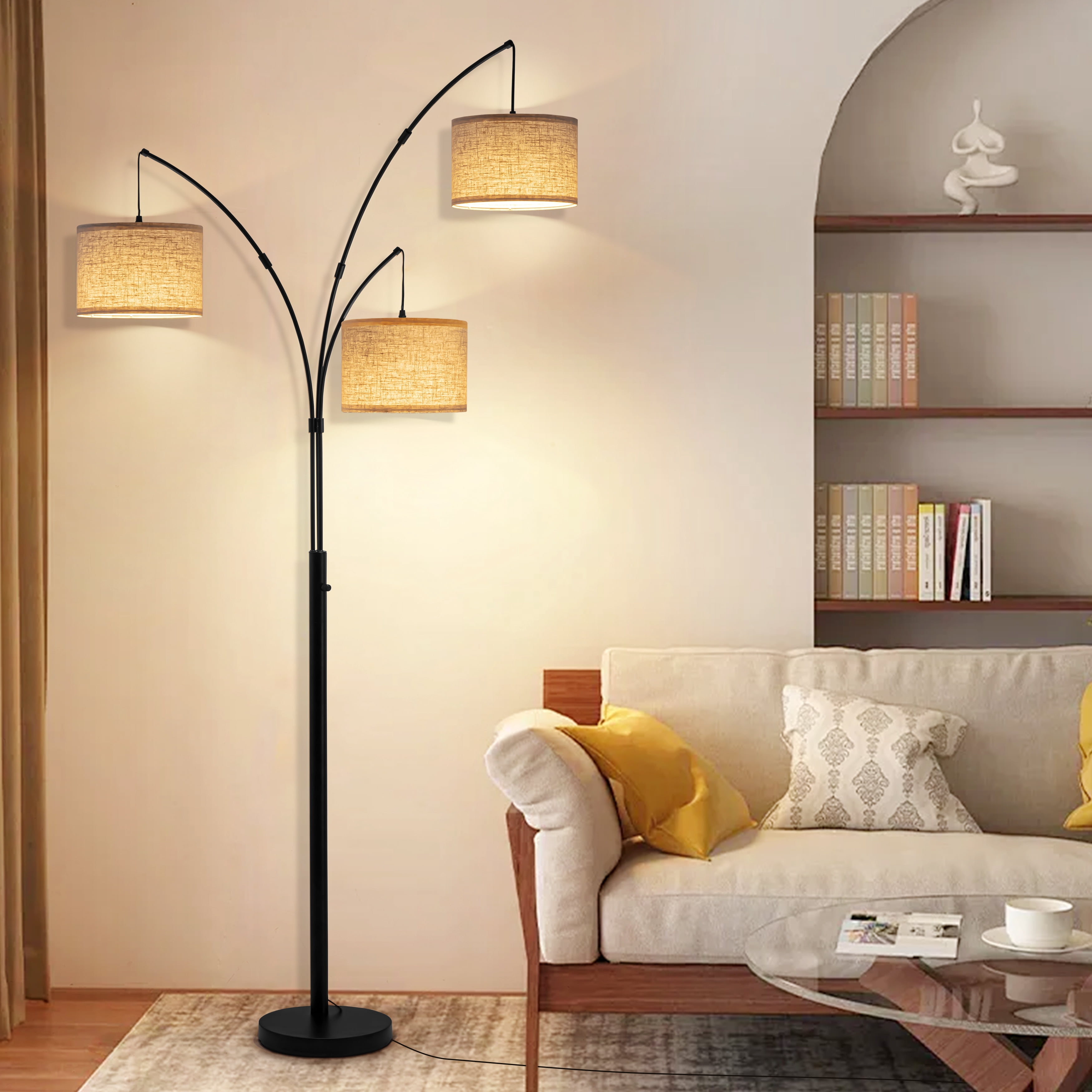Netin 80” 3-Light Modern Dimmable Black Arc Floor Lamp with Beige Shades