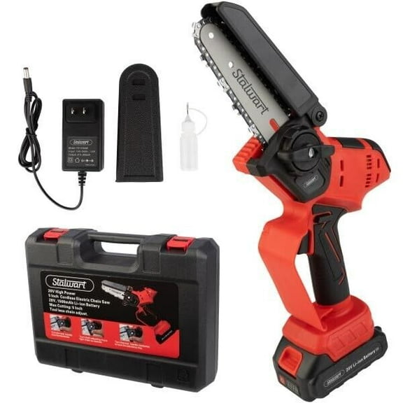 Stalwart 20V Cordless Mini Chainsaw - 5-Inch Battery Powered Pruning Saw with Safety Features, Lithium Ion Battery & Carry Case