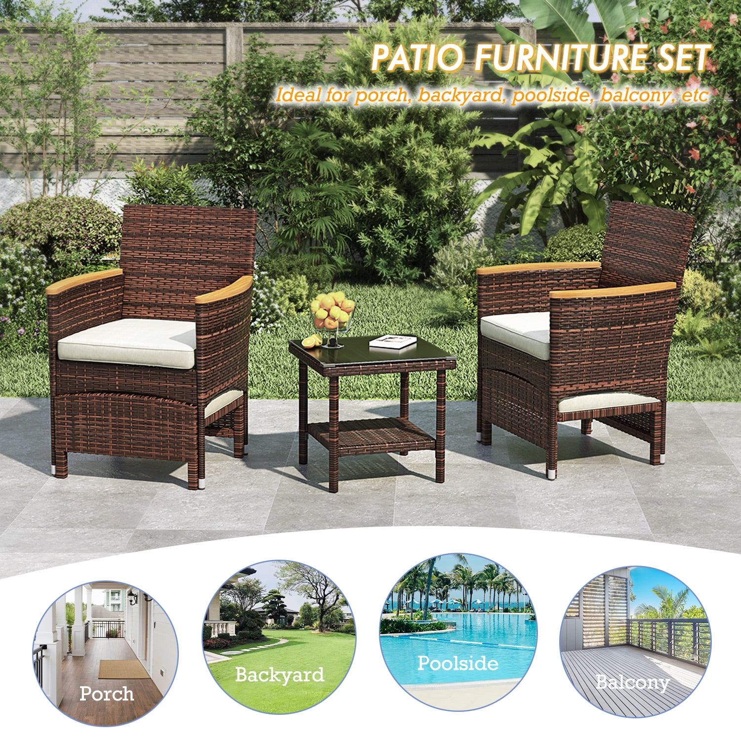 5 Piece Outdoor Patio Furniture Set with Table&Ottoman Outdoor Furniture Patio Set Bistro Wicker Patio Set (Brown Wicker&Khaki Cushion)