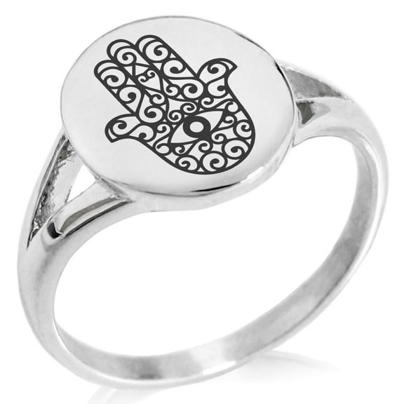 Stainless Steel Filigree Hamsa Hand of Fatima Minimalist Oval Top Polished Statement Signet Ring
