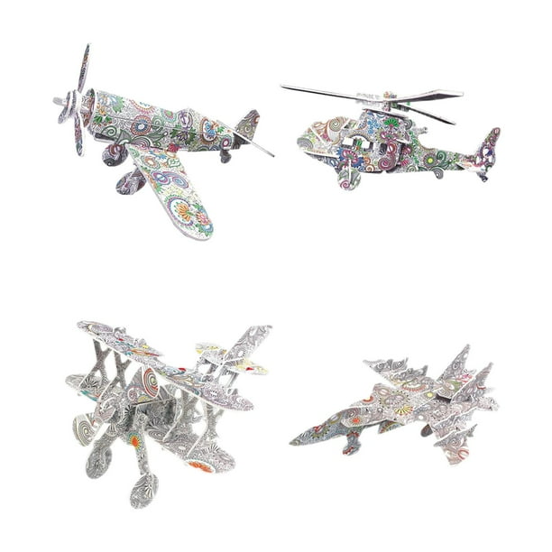 4 piezas de pintura para colorear rompecabezas 3D divertido kit educativo familiar con suministros para niños DIY cumpleaños juguetes de Navidad Avión 3D Macarena Rompecabezas para colorear en 3D