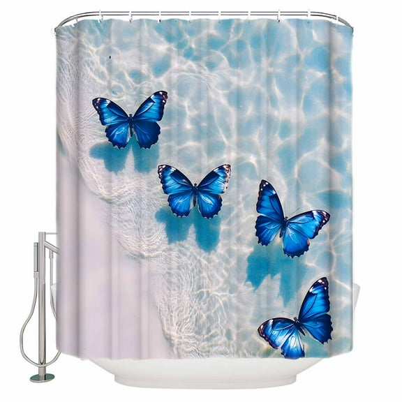 Small Stall Shower Curtain 36x72 Inch Narrow Half Size Blue Butterfly Coastal Bath Curtains Bathroom Decor Summer Beach Ocean Wave Waterproof Fabric Shower Curtain Set with Hooks 36 Inch