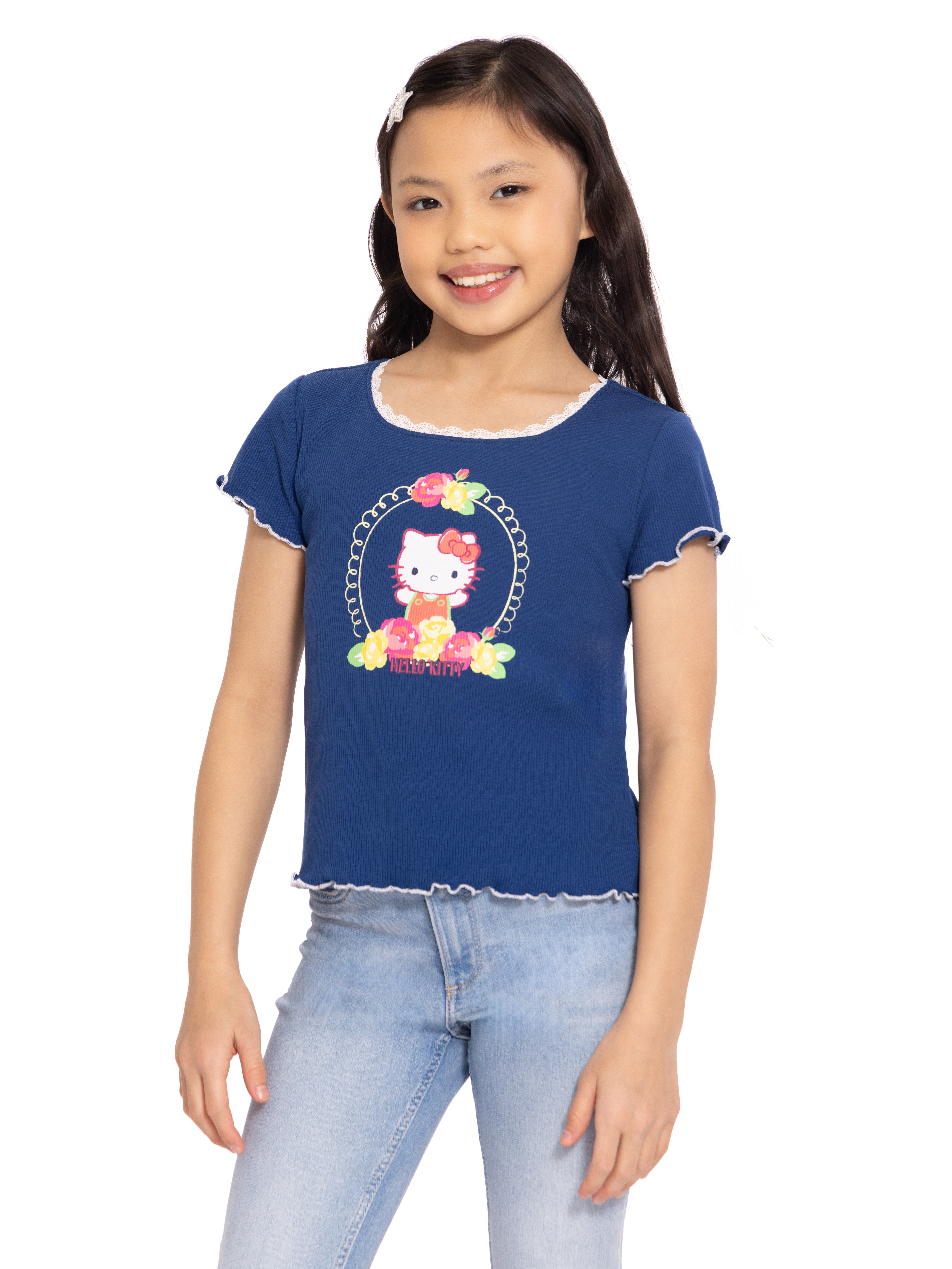 Hello Kitty Girls Purl Edge Graphic Tee with Short Sleeves, Sizes 4-16