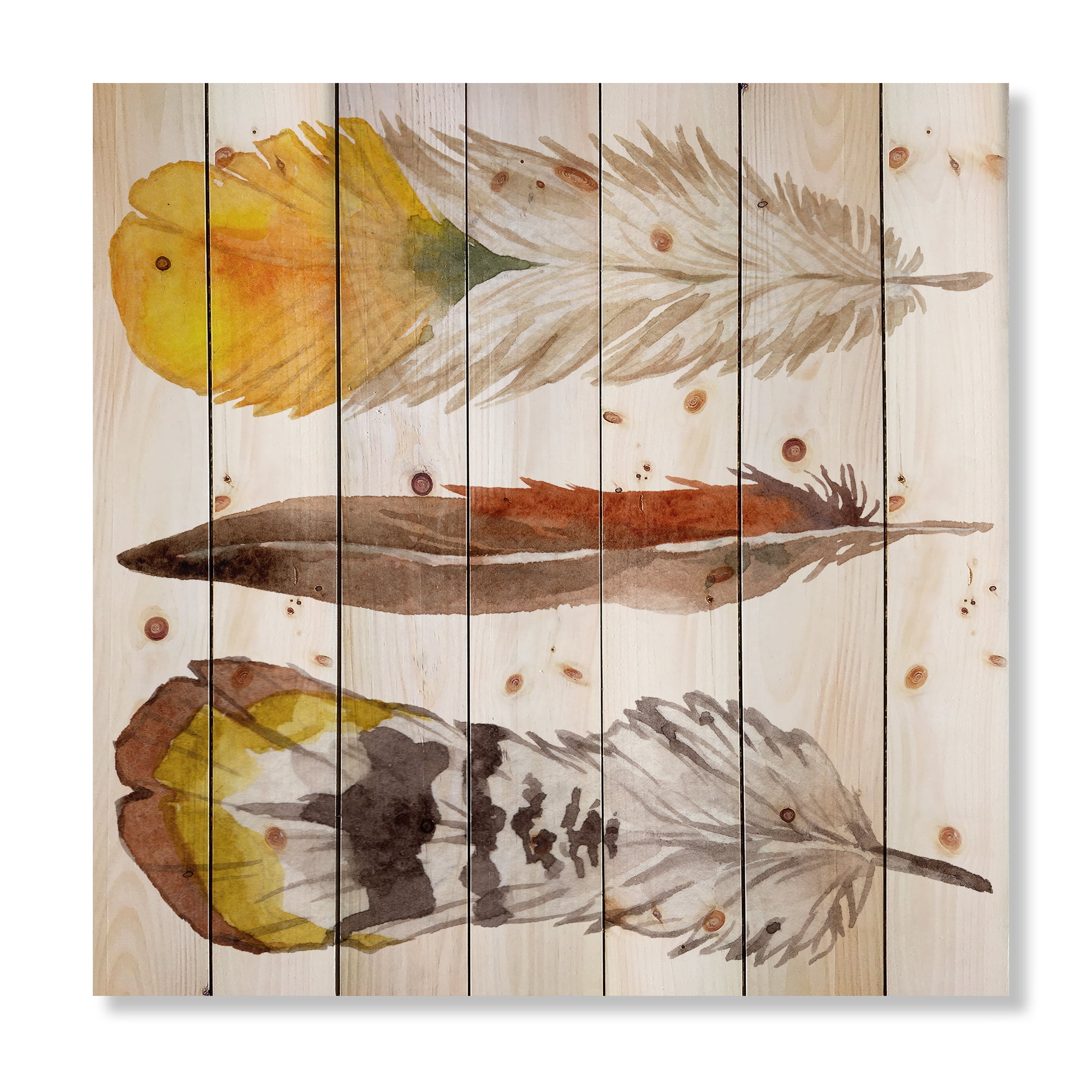 Designart 'Ethnic Yellow Feather From Wing On White' Bohemian & Eclectic Print on Natural Pine Wood