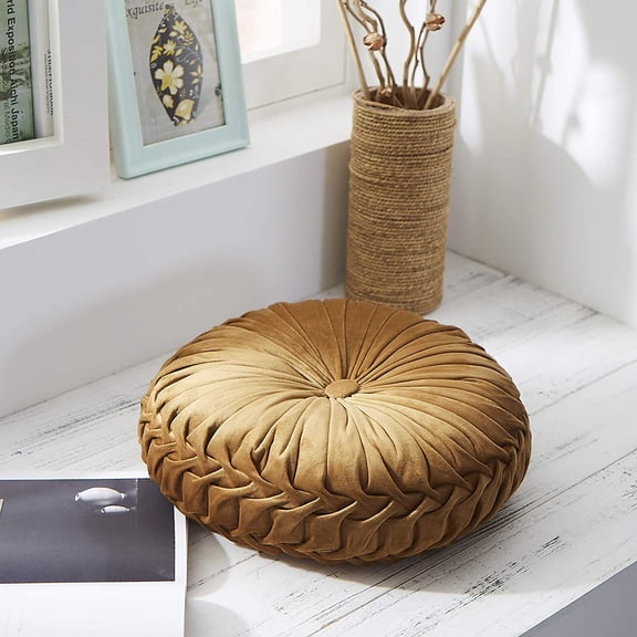 Antique Gold Throw Pillow Pulsh Velvet Round Pintuck Pillow Farmhouse Boho Decorative Pillow Holiday Birthday Housewarming Gift Vintage Round Floor Pillow 14.5Inch