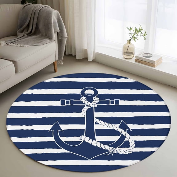 Nautical 4FT Round Area Rugs for Living Room Navy Blue and White Striped Retro Anchor Ultra-Thin Non-Slip Round Rugs Machine Washable Low Pile Circle Carpet for Bedroom Kitchen Nursery