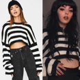 thumbnail image 4 of Vintage Knit Tops Black White Striped Sweater with Long Sleeves Loose Crop Sweaters Autumn Fall Crewneck Sweaters Gifts M, 4 of 4