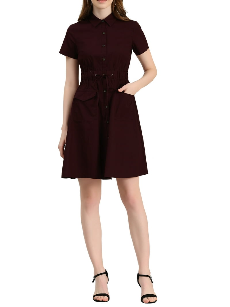 Inspire Chic Women's Fit and Flare Collar Pocket Elastic Waist Mini Dress XS Fuchsia