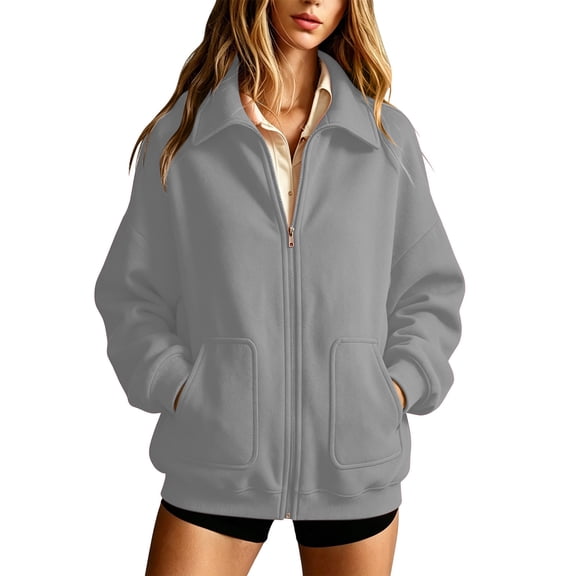 Njagoc3 Women's Fleece Lined Sweatshirt | Collared Full Zip Long Sleeve Pullover Top with Front Pockets | Relaxed Fit for Fall Casual Wear & Lounge Activities,Gray,L