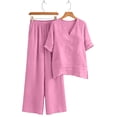 thumbnail image 7 of Bosfbaoi Two Piece Sets for Women Linen Blend Relaxed Fit Outfit Set Asymmetrical 3/4 Sleeve V-Neck Tops Elastic Waist Wide Leg Pants Summer Casual Outfits, 7 of 7