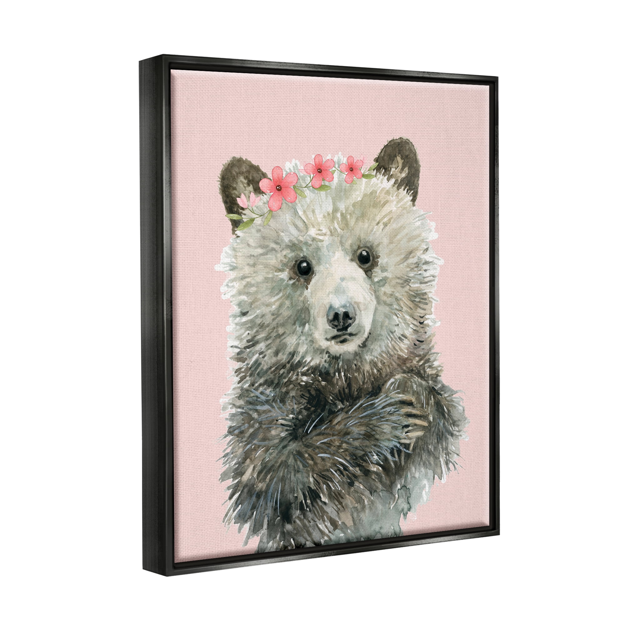 Stupell Industries Fuzzy Bear with Floral Crown Animals & Insects Painting Black Floater Framed Canvas Art Print Wall Art, 17 x 21