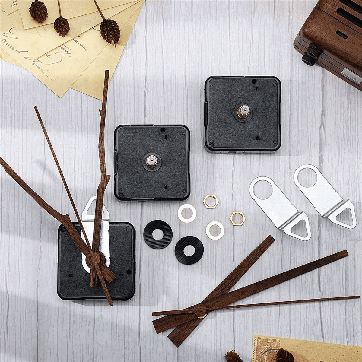 20 Pcs Quartz Clock Movement Mechanism Parts with 4 Types of Walnut Wood Clock Hands Clock Accessories for Clock Repair
