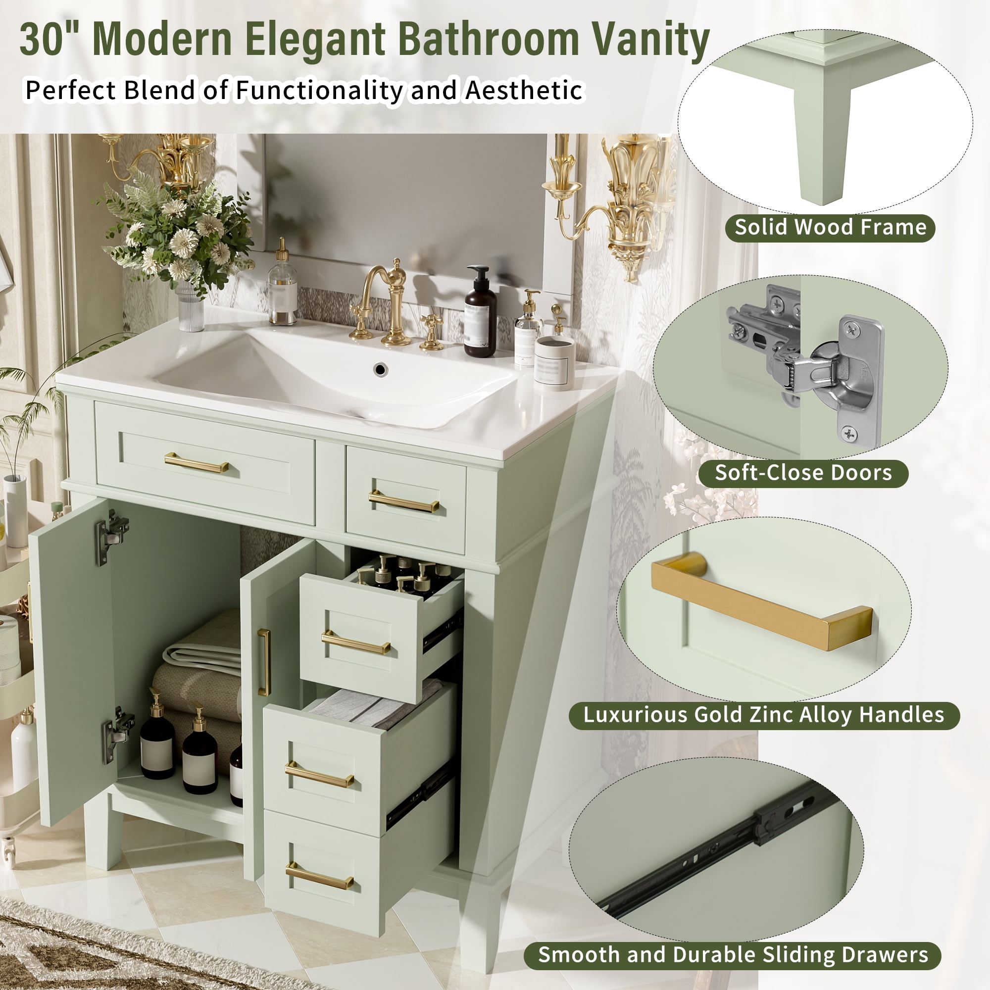 Harper & Bright Designs 30" Green Bathroom Vanity with Sink, Bathroom Storage Cabinet with Soft-Close Doors and Drawers for Small Space