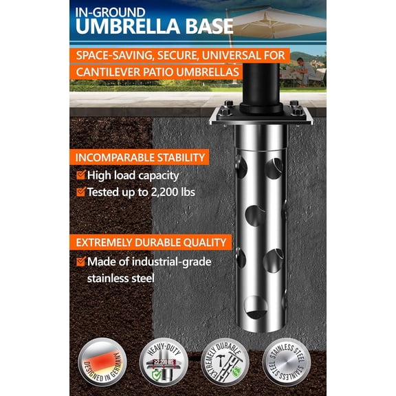 In-Ground Umbrella Base Stainless Steel Heavy Duty Outdoor  Stand for Cantilever Umbrellas Up to 2200 lbs