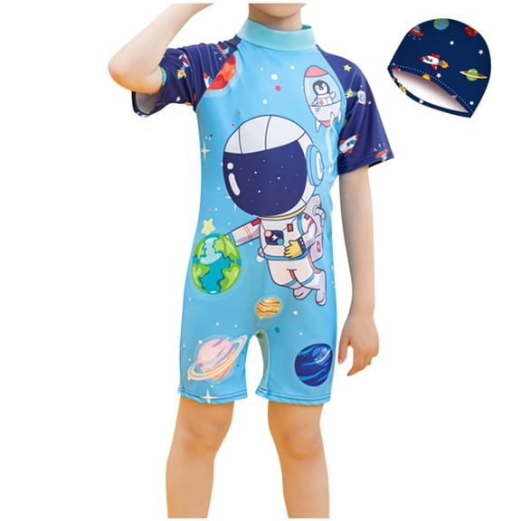 Xfvqtps Toddler Child Boys Rash Guard One Piece Swimsuit with Cap Short Sleeve Space Astronaut Print Sun Protection Beach Bathing Suits Short Swimwear for 3-11 Years Blue-Short