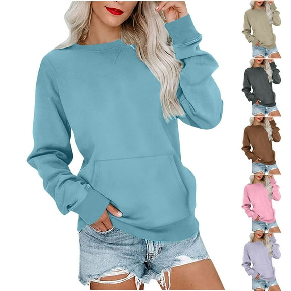 ATOYSOY Women's Casual Shirts Pockets Loose Tops Outwear Long Sleeve Tees Fall Winter Crew Neck Sweatshirts Fashion Solid Color Pullover Brown L