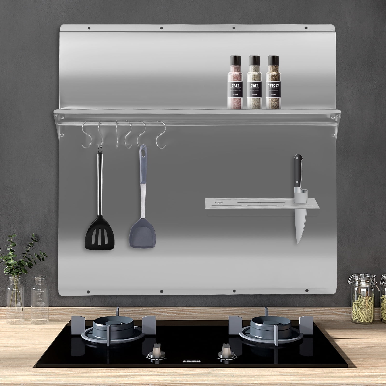 Wildnix Wall-Mounted Stainless Steel Range Backsplash with Storage Shelf, 30kg Capacity, 6 S-Shaped Hooks, Cross Bar, Modern Design for Kitchen Organization