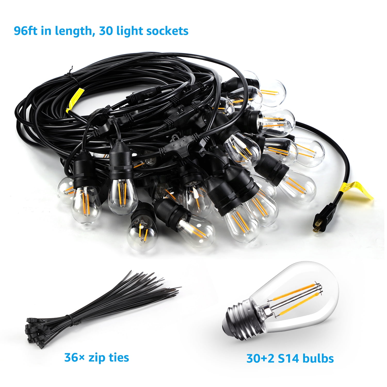 96ft Outdoor String Lights with 32 Bulbs, Shatterproof and Weather-Resistant Bulbs for Backyard and Patio