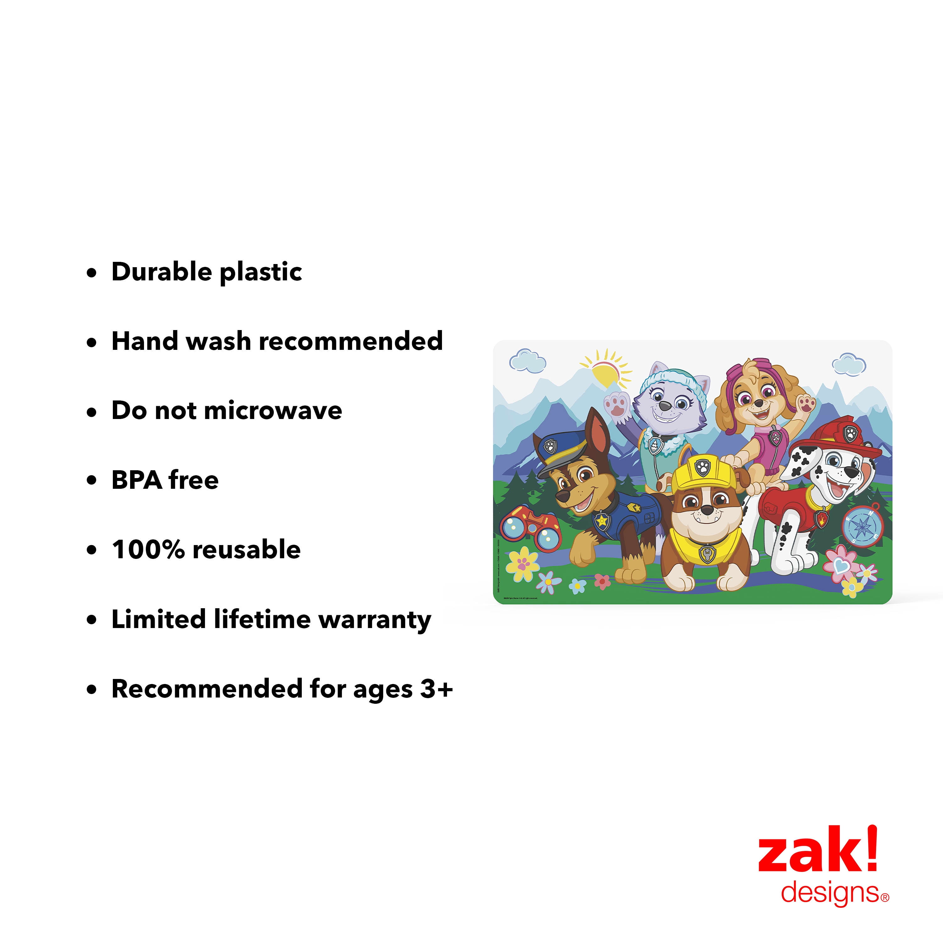 (3 pack) Zak Designs 11.8" x 17.6" Paw Patrol Reusable Kids Plastic Placemat, Everest, Skye and Friends