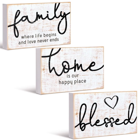 Mini wooden home decor signs, farmhouse rustic style, family quotes blessed home, table shelf decorations for bedroom kitchen living room, 3 pieces, white