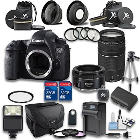 Canon 6D DSLR Camera + EF 50mm f/1.8 STM Lens +EF 75-300mm f/4-5.6 III Lens + Wideangle Lens + Telephoto Lens - International Version