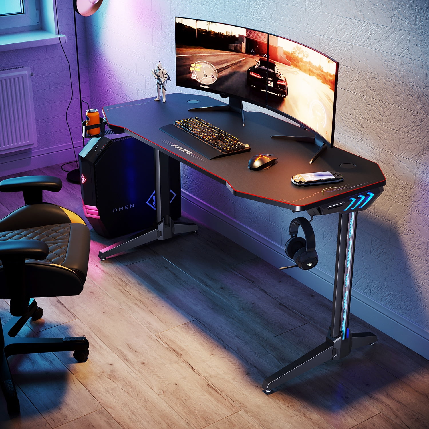 Black Two monitor stand drawer,Office desk RestRelax Power X Gaming Desk LED Lights Ergonomic Computer desk Workstation with Oversized Gaming Platform Surface Home Office Durable Racing Table
