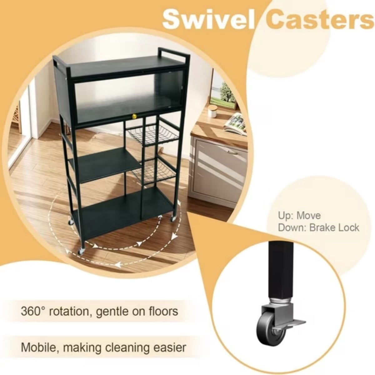 Rolling Kitchen Island, 4-Tier Kitchen Storage Cart with Dust-Proof Cabinet, 2 Removable Mesh Baskets, 360° Wheels, Slim Organizer Rack