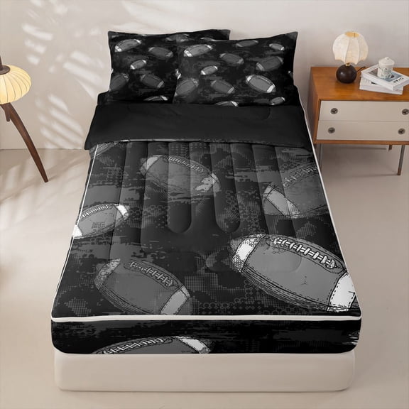 Homewish Kids Rugby Zipper Twin Comforter Sets with Fitted Sheet and 2 Pillowcases For Boys,Sports Theme Zipper Bedding Set,Black Gray,Black Reversible,4 Pieces