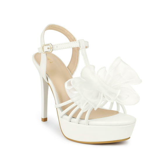BLISSFUL STEP Platform Heeled T Strap Mesh Slingback Stiletto High Heel Sandals for Women White 5.5
