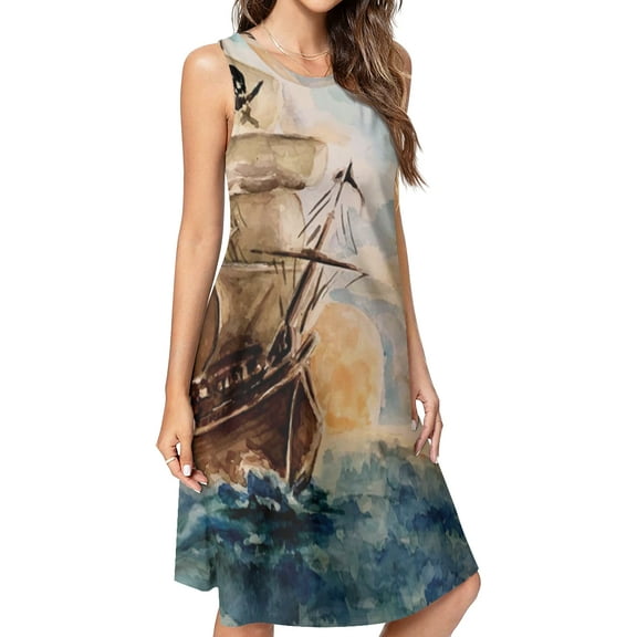 Hand Painting The Pirate Ship Spring Summer Dresses for Women Fashion T-shirt Dress Casual Sleeveless Loose Sundress with Pockets