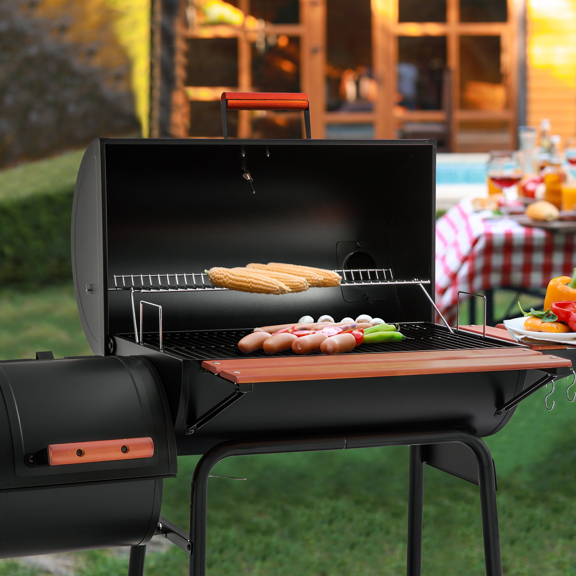Royal Gourmet 30" Charcoal Barrel Grill with Offset Smoker, Adjustable Grates and Thermometer