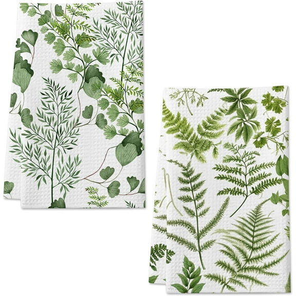 Set of 2 Green Herbs Leaves and Plants Kitchen Towels, Cute Decorative 16x24 inch Hand Towels, Absorbent Dish Towels for Kitchen Drying Dishes, Kitchen Gifts